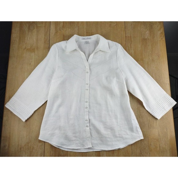 Women's Marina Luna Extra Large 100% Linen Button Down White‎ Blouse Cotton Lace - Picture 1 of 5